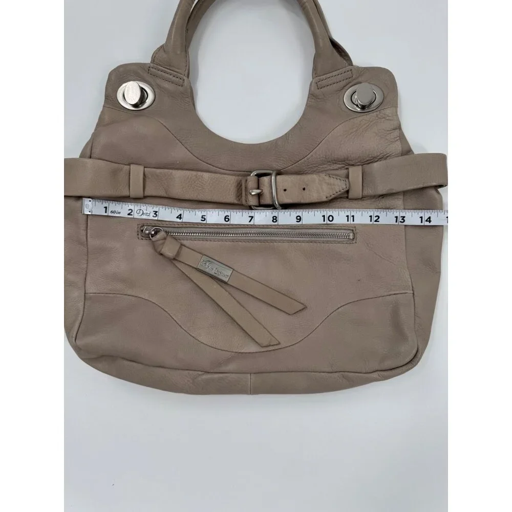 Foley + Corinna Jet Setter Taupe Leather Shoulder Bag With Front Zipper Pocket